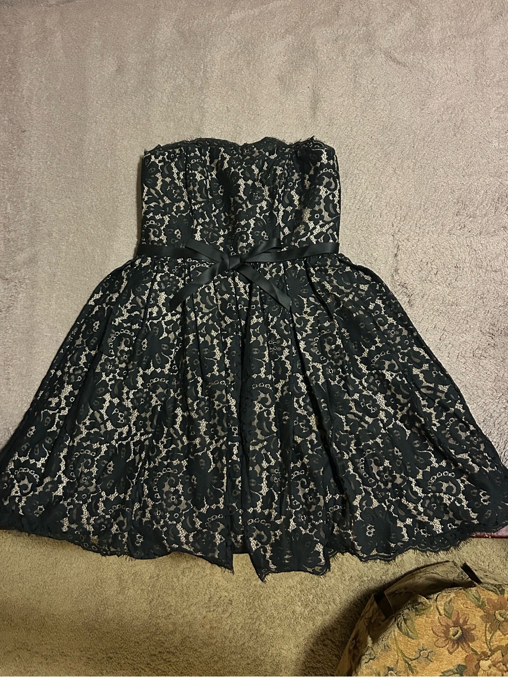 Robert Rodriguez Black Lace Strapless Party Dress with Ribbon